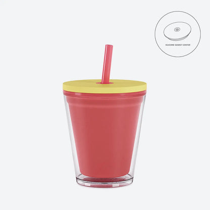 red with yellow lid straw 10oz kids acrylic tumbler with clear on white background