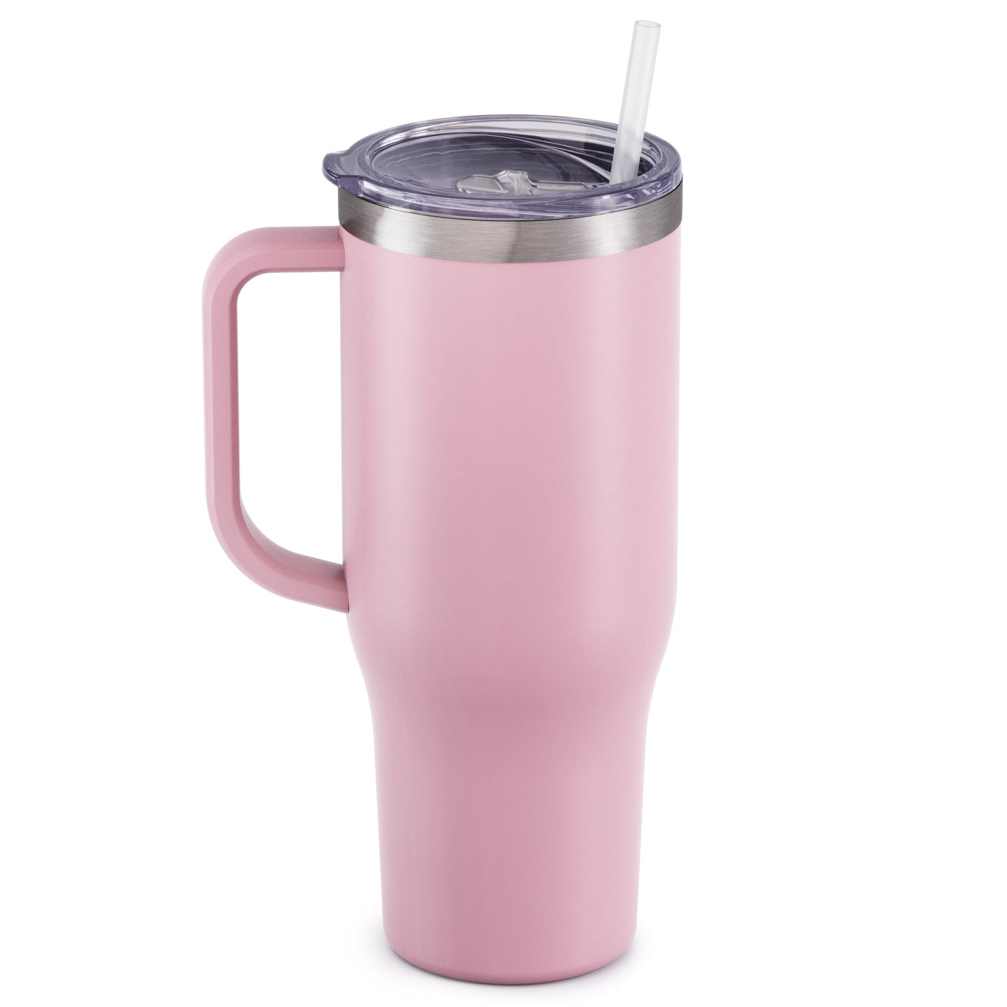 blush rose pink 40 oz stainless steel charger with handle slider lid and straw on white background