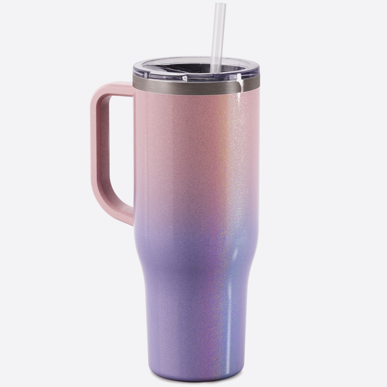 ombre purple to pink berry glow 40 oz stainless steel charger with handle slider lid and straw on white background