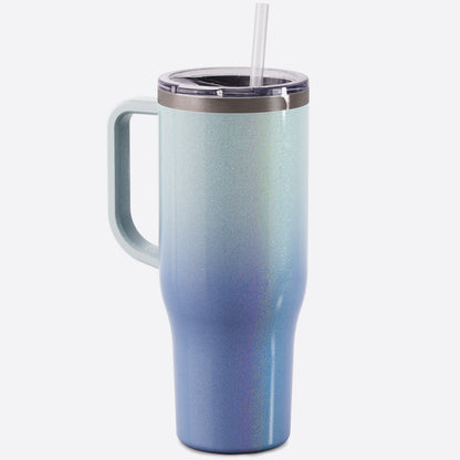 ombre blue to light blue seaside 40 oz stainless steel charger with handle slider lid and straw on white background