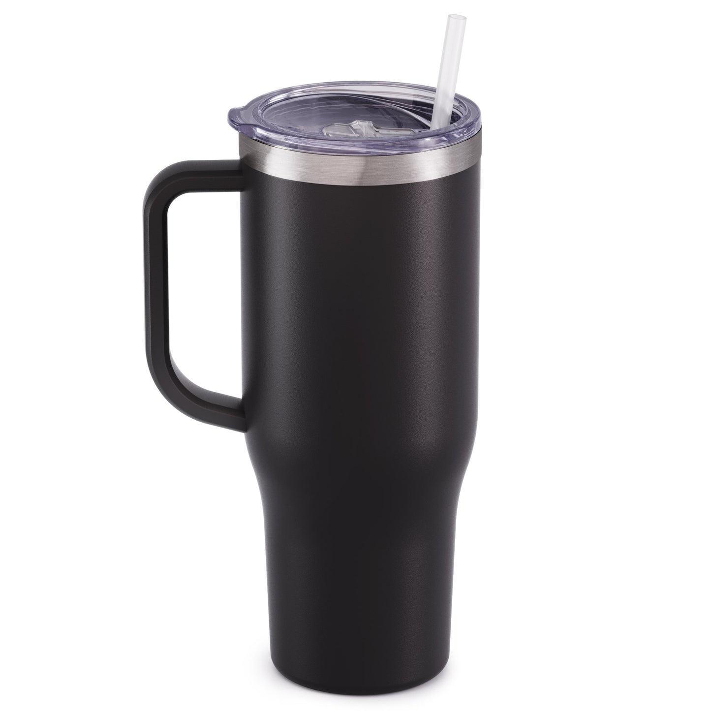 matte black 40 oz stainless steel charger with handle slider lid and straw on white background