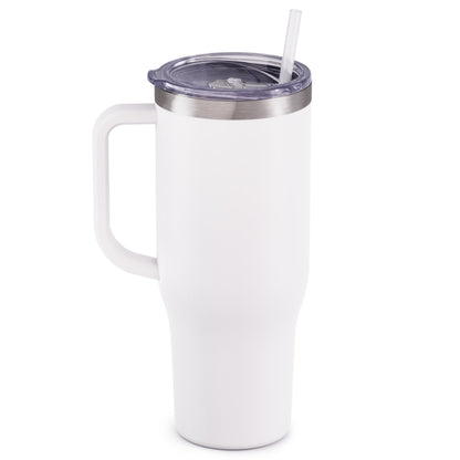 matte white 40 oz stainless steel charger with handle slider lid and straw on white background