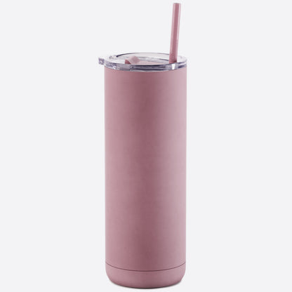 dusty rose 20 oz stainless steel  tumbler slider lid and straw on white background