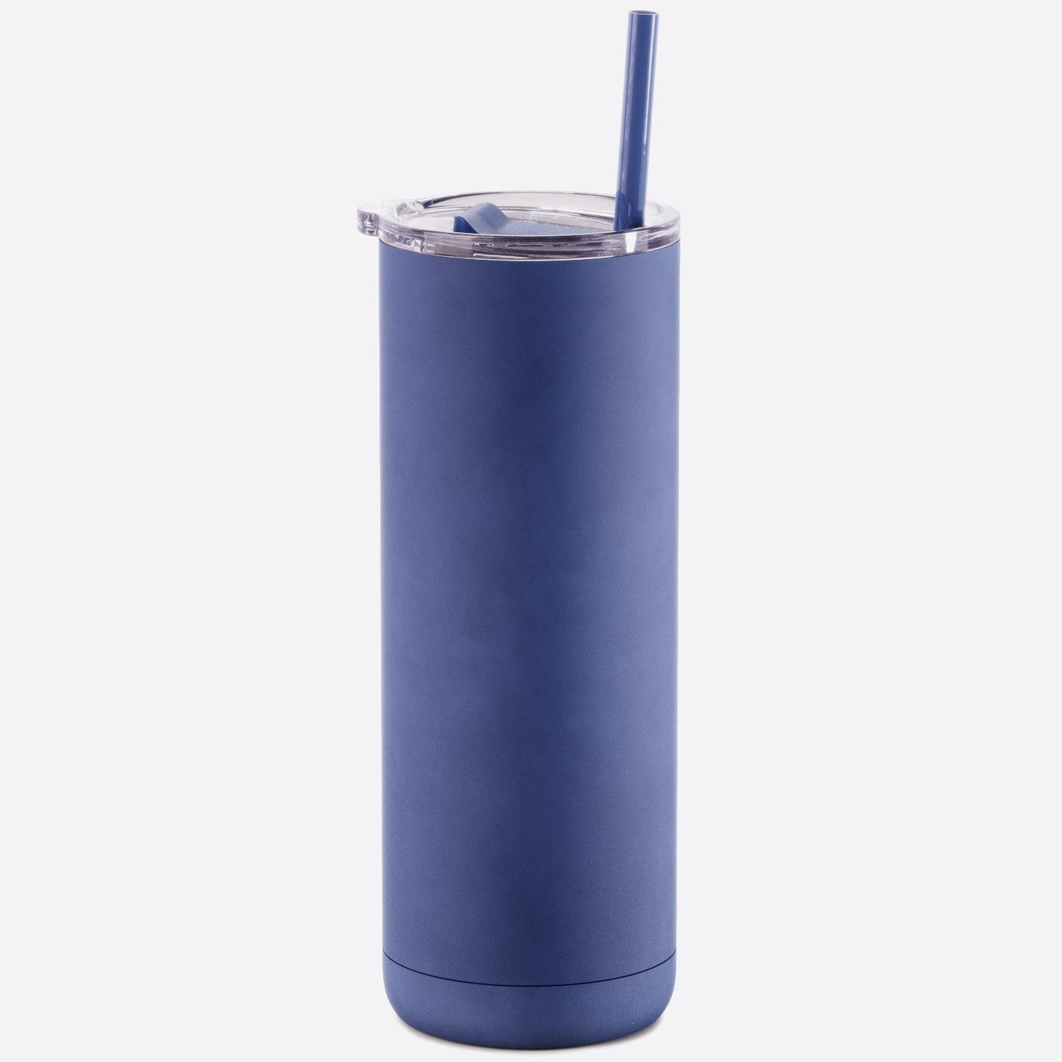 indigo 20 oz stainless steel  tumbler slider lid and straw on white background