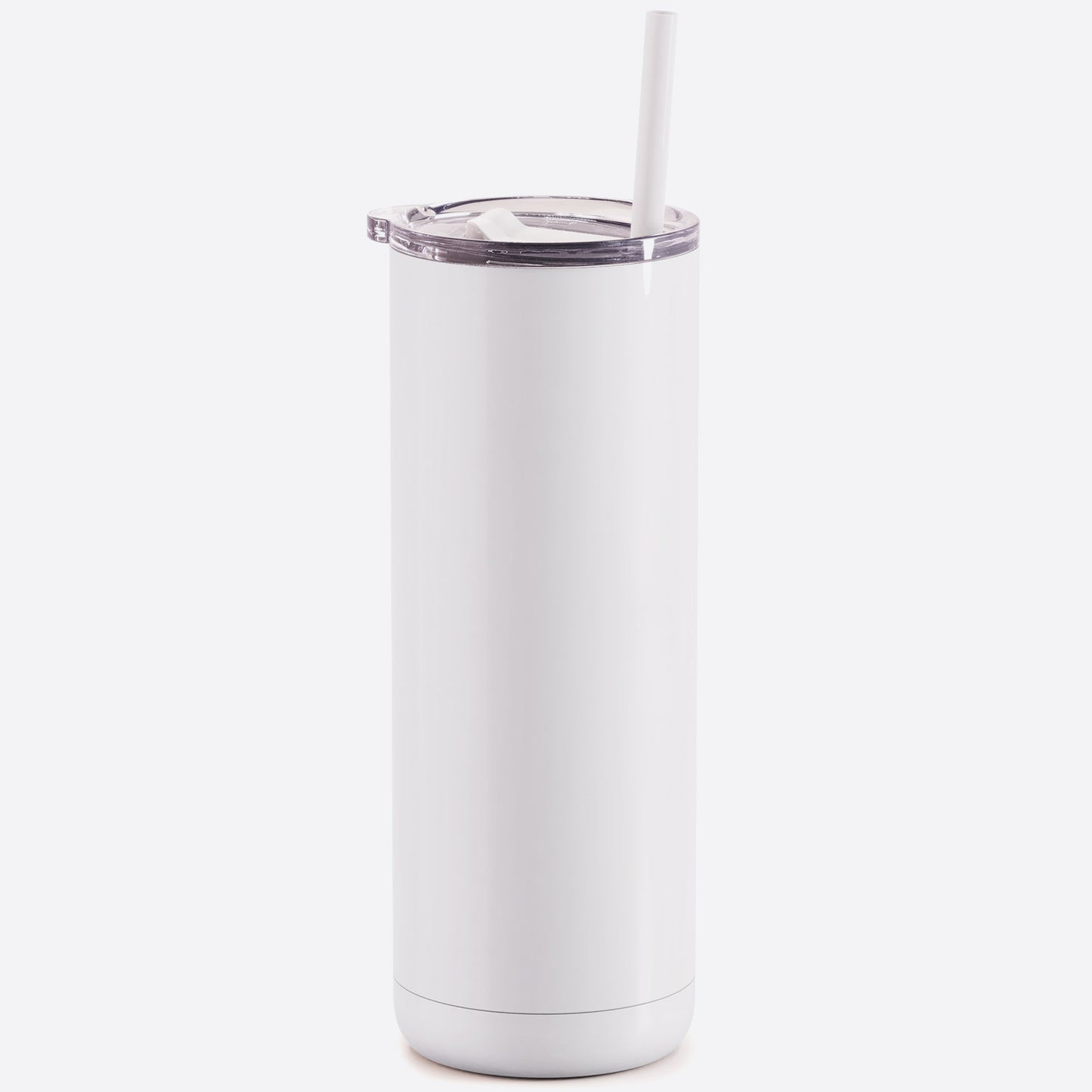 white 20 oz stainless steel  tumbler slider lid and straw on white background