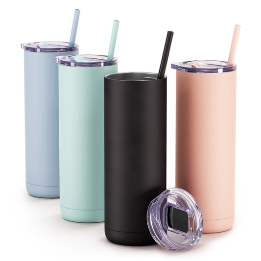 20 oz steel tumblers with slider lids and straw dusty blue seagrass black blush 