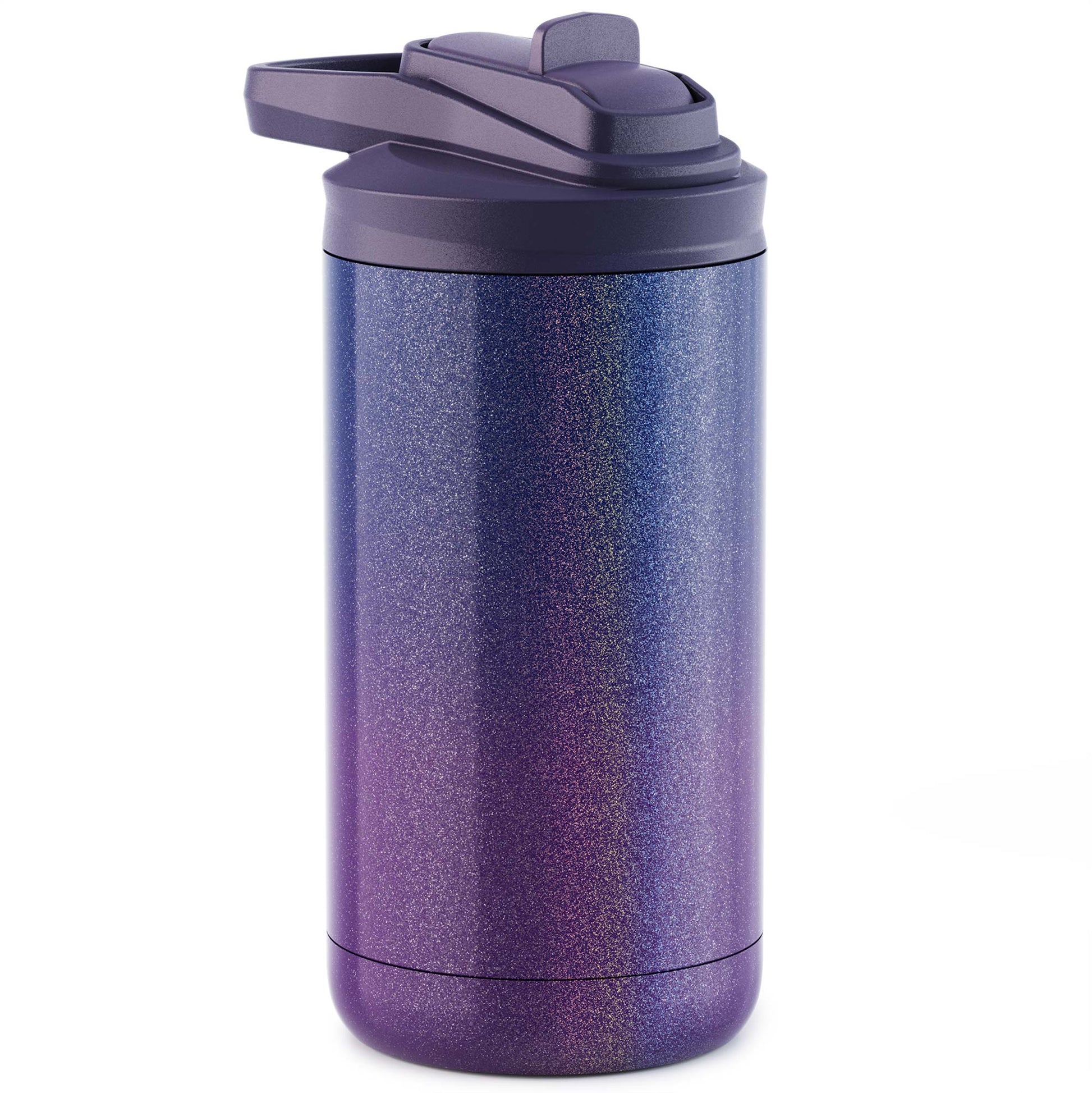 night shade glitter  12oz stainless steel kid maker tumbler with screw on flip lid white background 