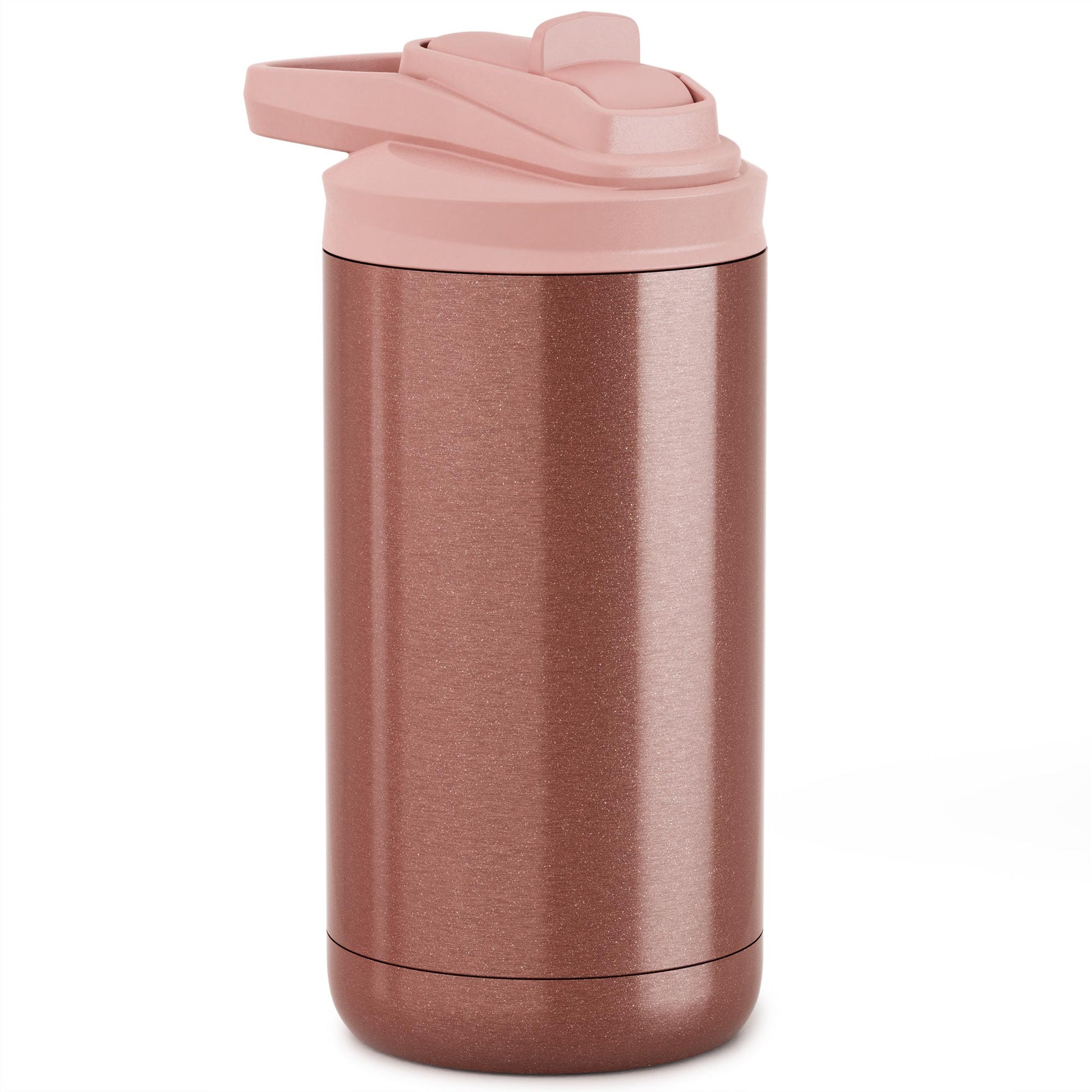 glitter rose gold  12oz stainless steel kid maker tumbler with screw on flip lid white background 