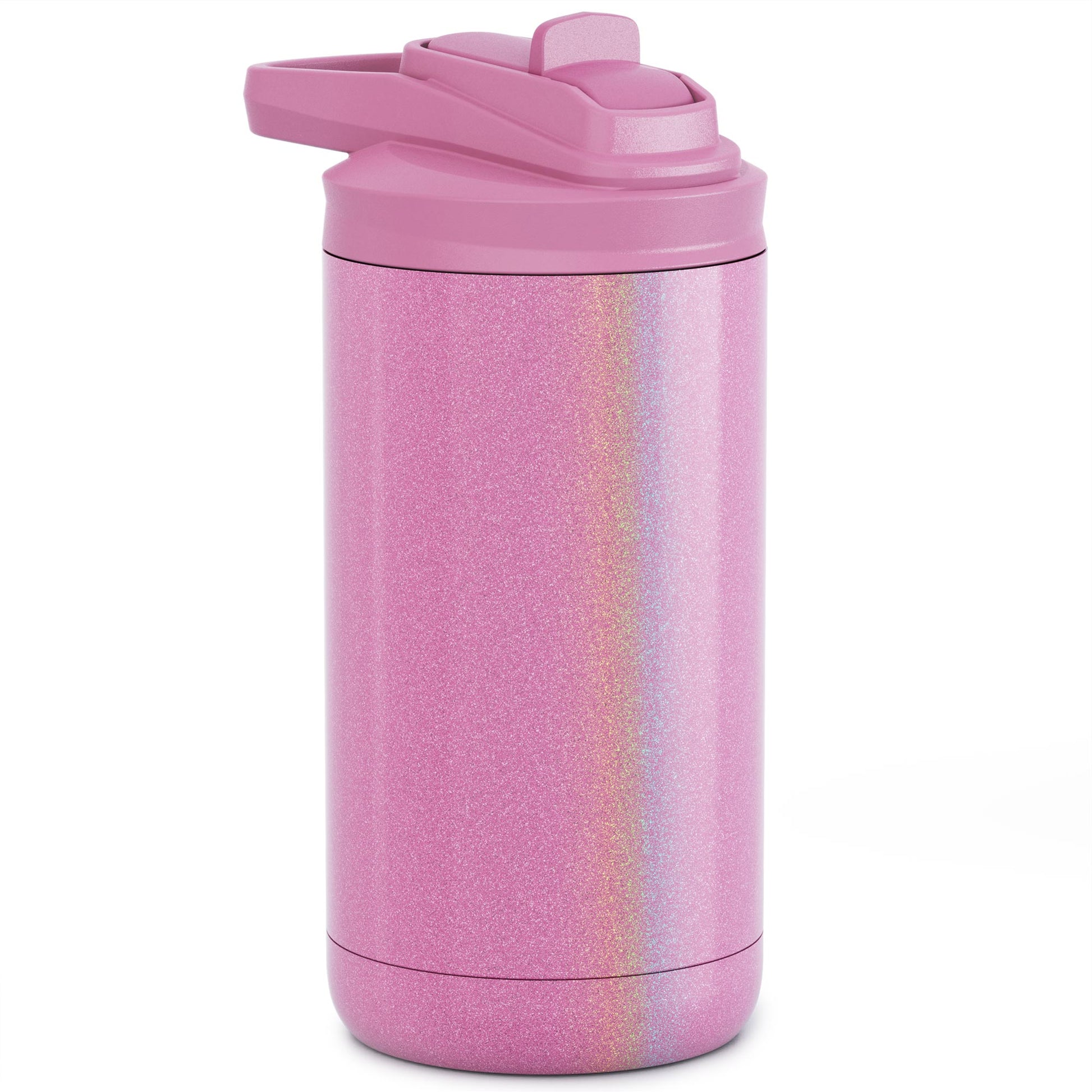 glitter pink magic  12oz stainless steel kid maker tumbler with screw on flip lid white background 