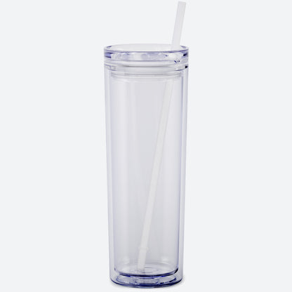 clear 18oz acrylic tumbler with straw and lid on white background 