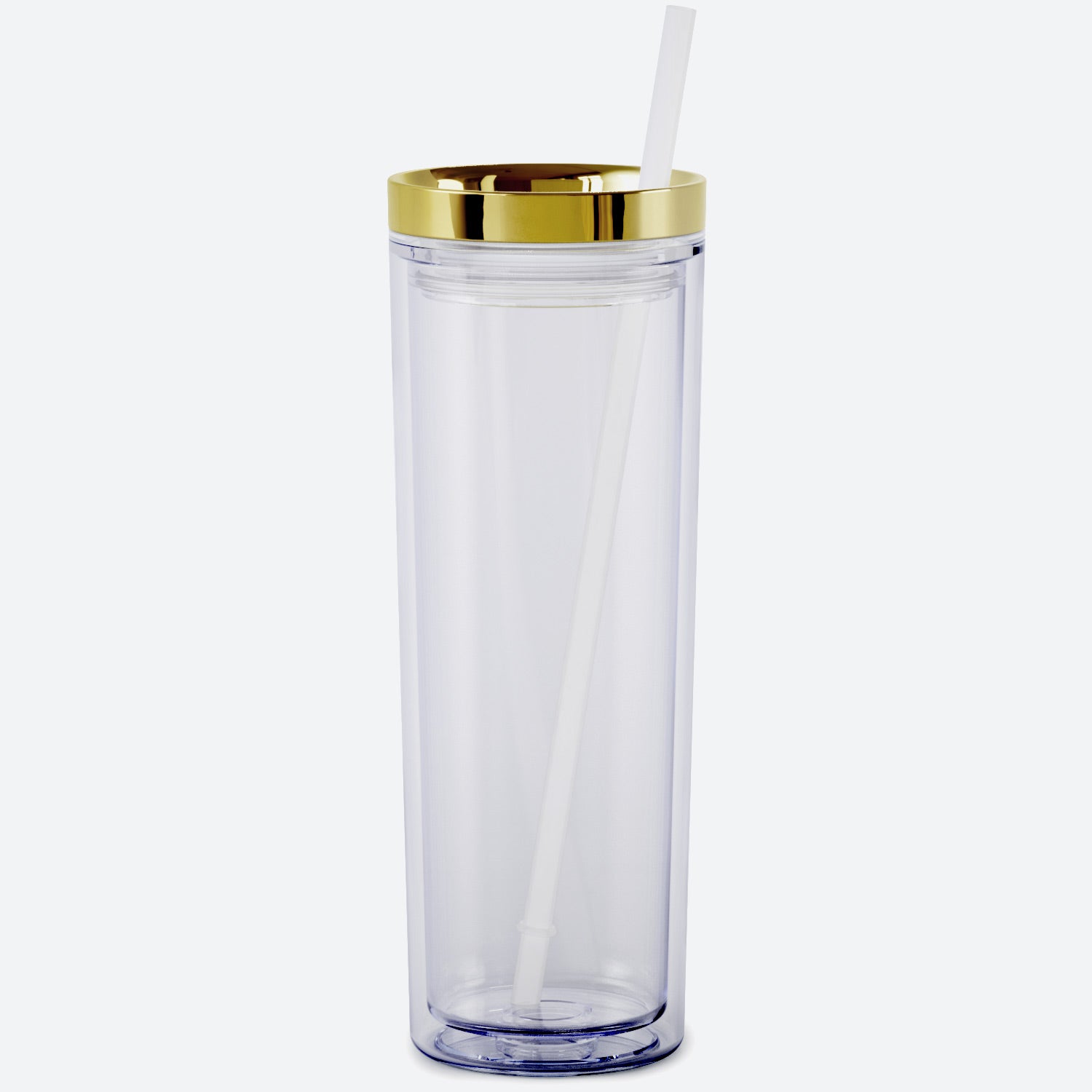 clear with gold metallic lid 18oz acrylic tumbler with straw and lid on white background 