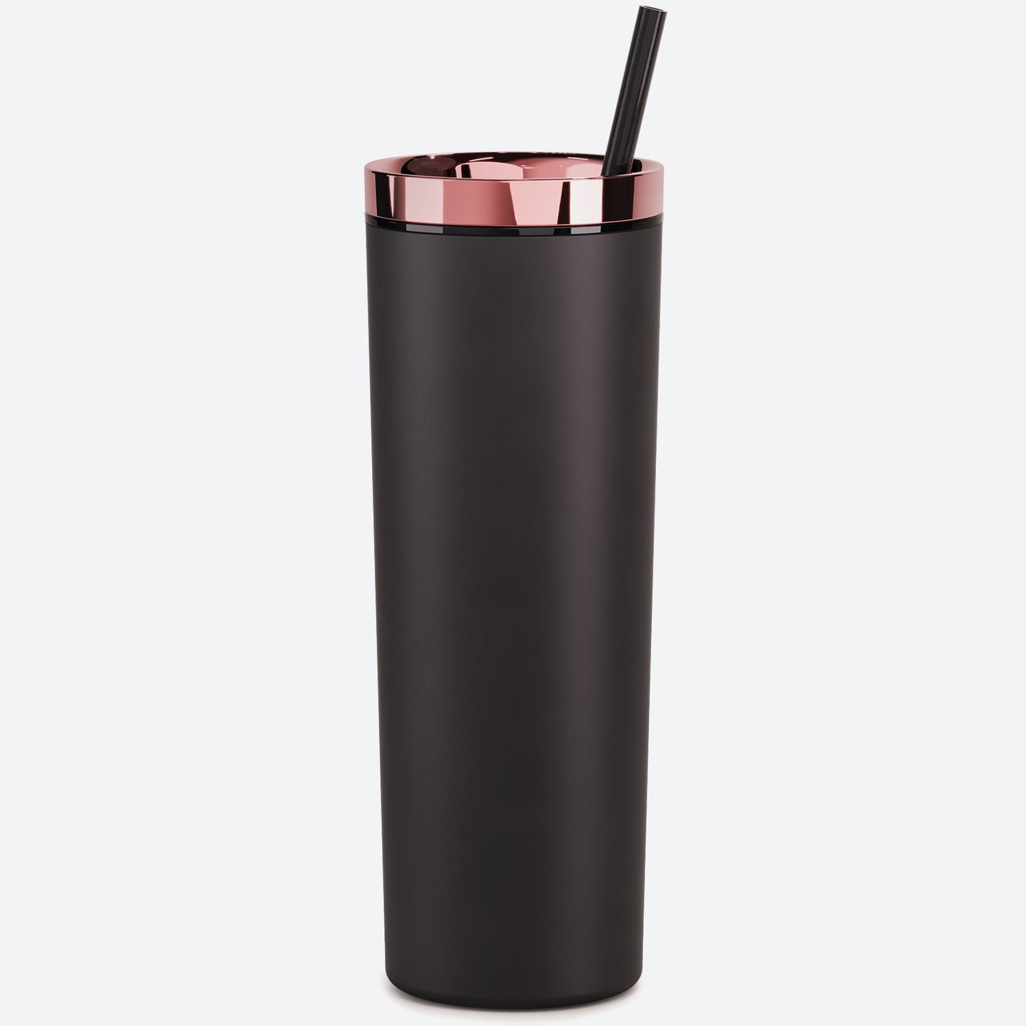 black with rose gold metallic lid 18oz acrylic tumbler with straw and lid on white background 