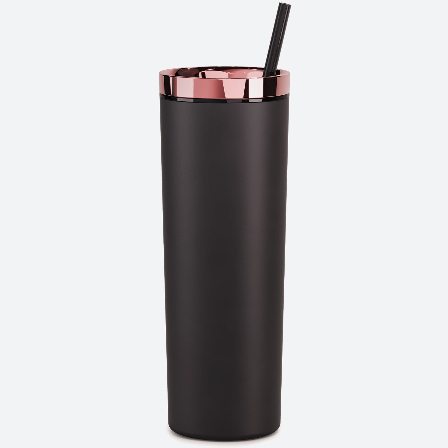 black with rose gold metallic lid 18oz acrylic tumbler with straw and lid on white background 