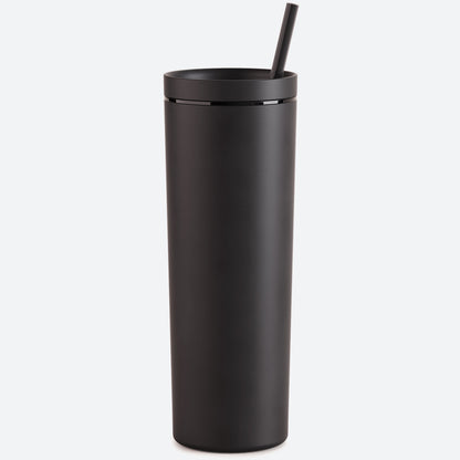 black 18oz acrylic tumbler with straw and lid on white background 