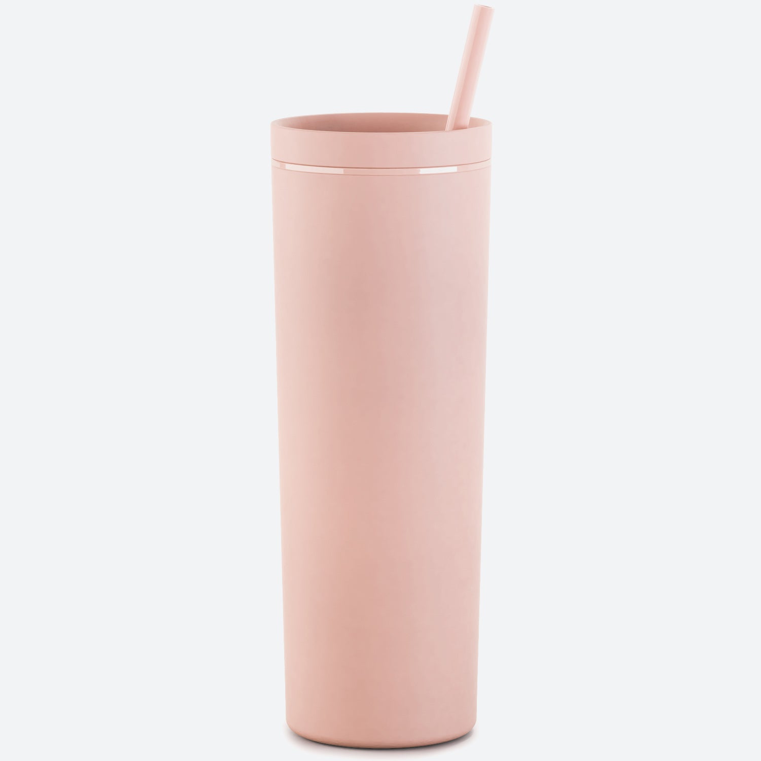 matte blush pink 18oz acrylic tumbler with straw and lid on white background 