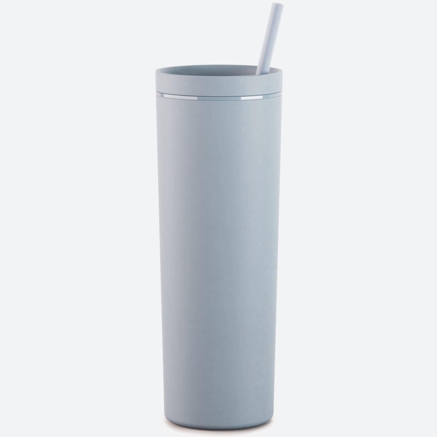 dusty blue 18oz acrylic tumbler with straw and lid on white background 