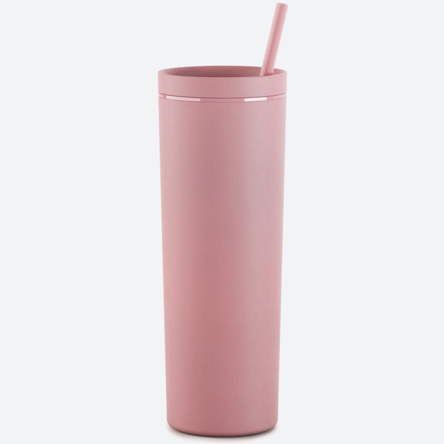 dusty rose pink 18oz acrylic tumbler with straw and lid on white background 