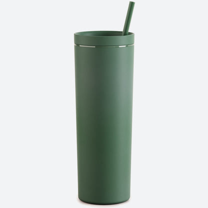 pine green18oz acrylic tumbler with straw and lid on white background 