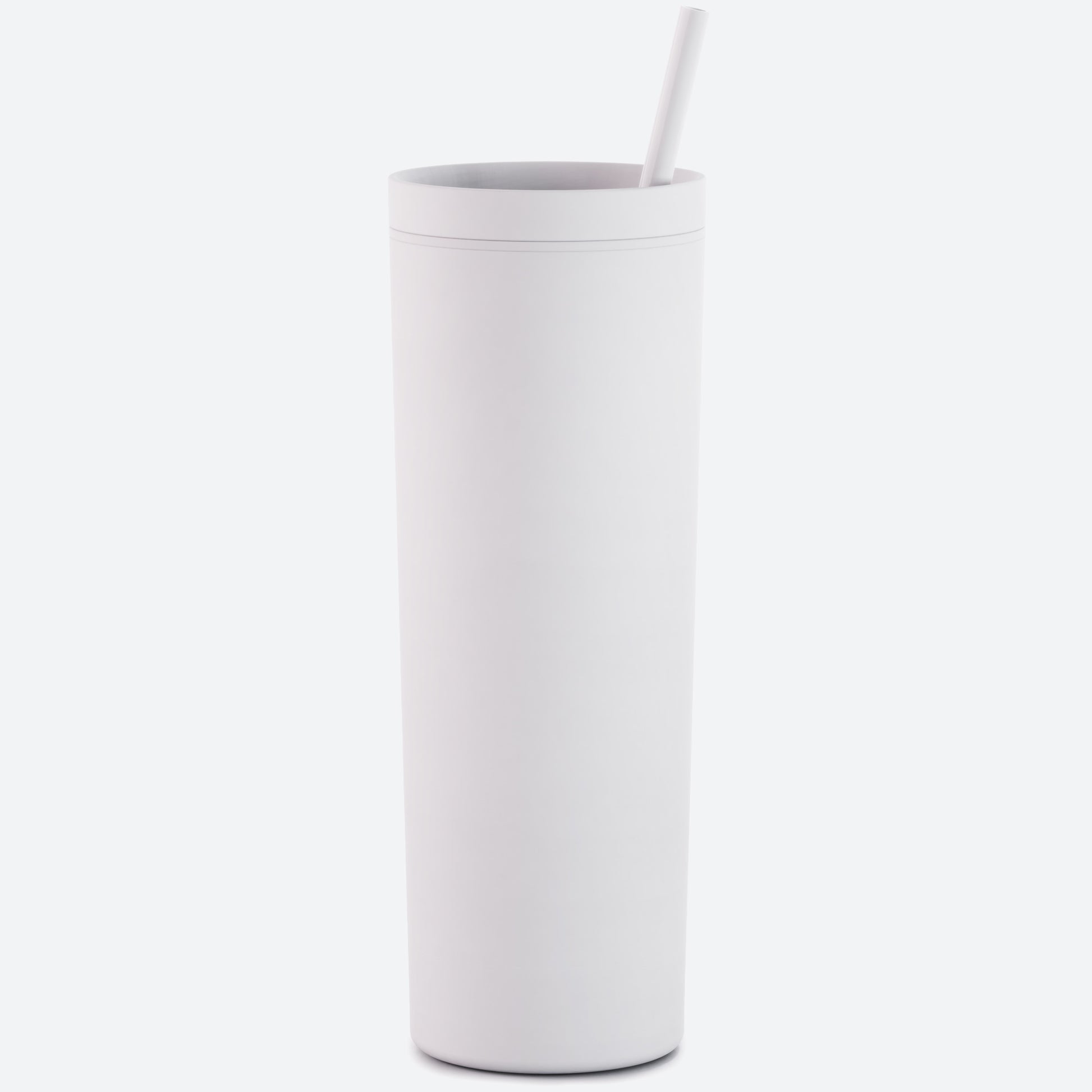 white 18oz acrylic tumbler with straw and lid on white background 