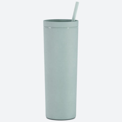 sage green 18oz acrylic tumbler with straw and lid on white background 