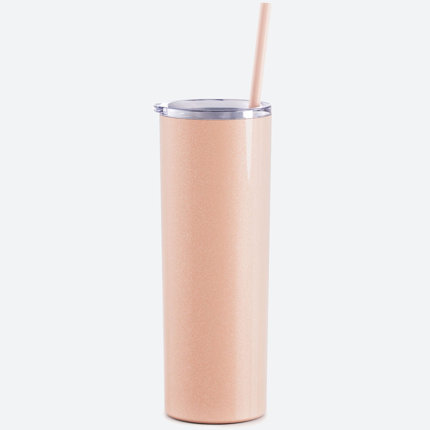 glitter blush skinny steel 20oz stainless tumbler with straw on white background 