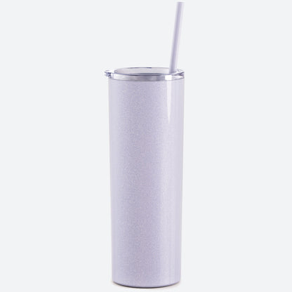 lilac glitter skinny steel 20oz stainless tumbler with straw on white background 