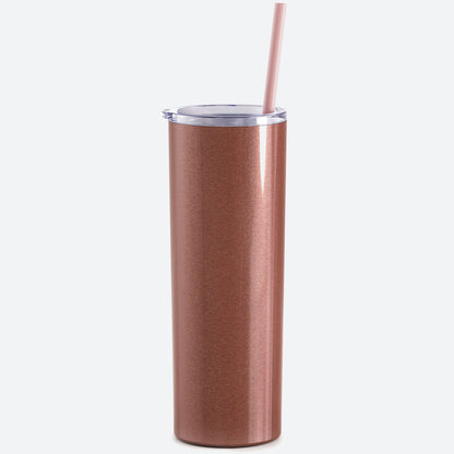 rose gold skinny steel 20oz stainless tumbler with straw on white background 