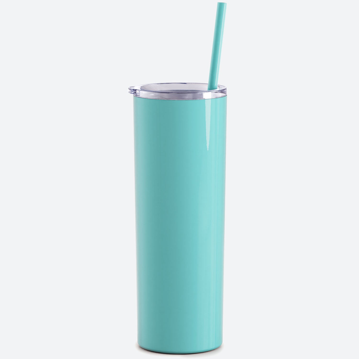 mint skinny steel 20oz stainless tumbler with straw on white background 