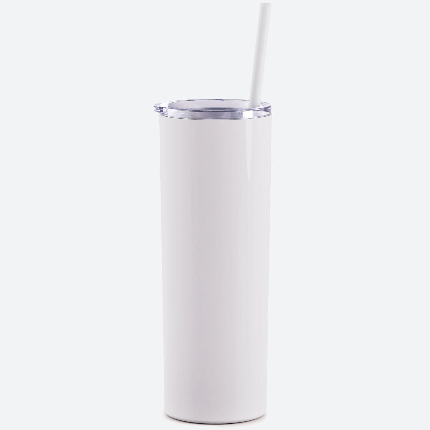 white skinny steel 20oz stainless tumbler with straw on white background 