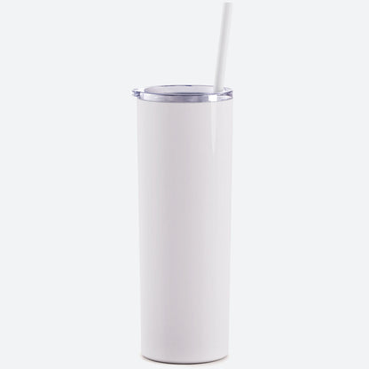 white skinny steel 20oz stainless tumbler with straw on white background 