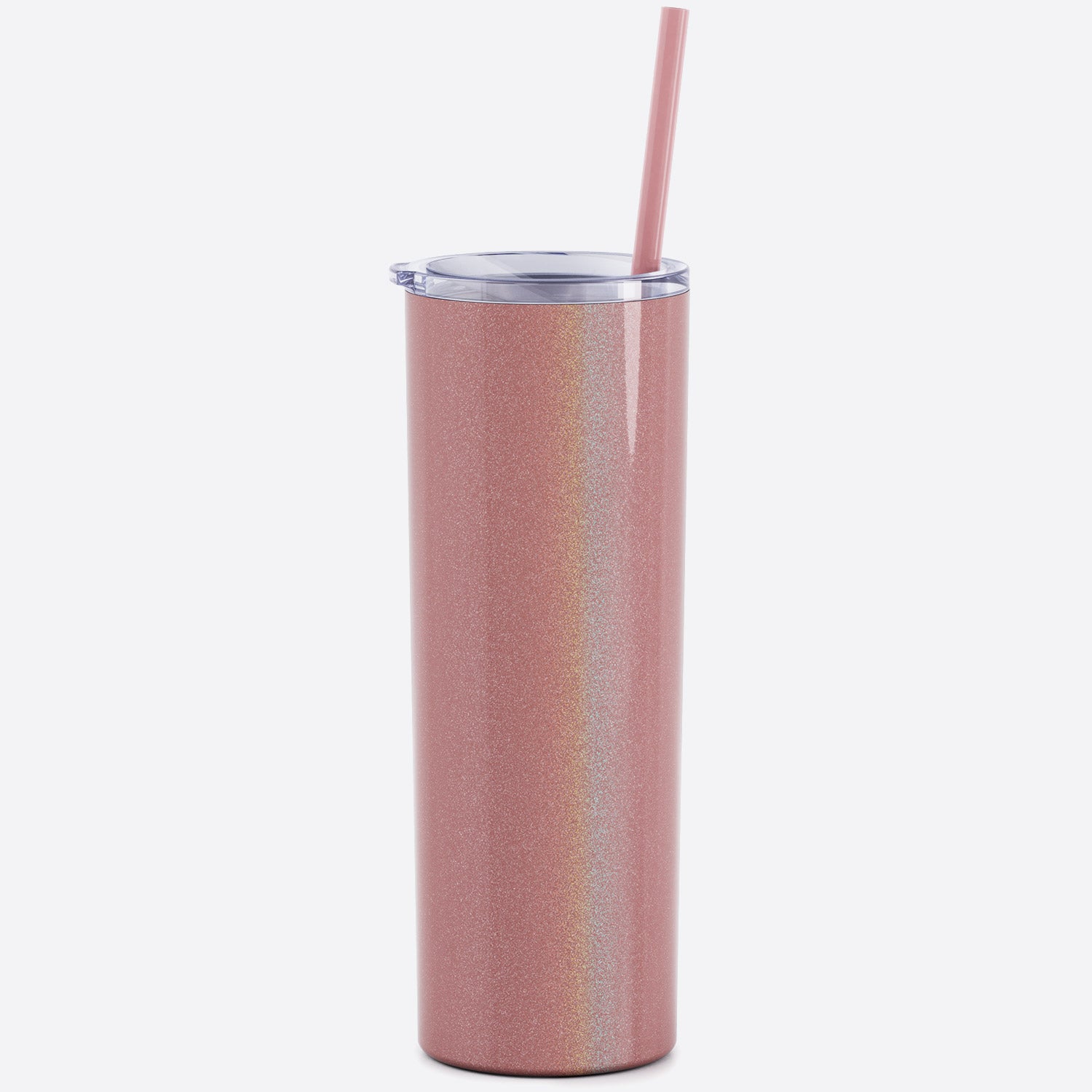 glitter dusty rose skinny steel 20oz stainless tumbler with straw on white background 