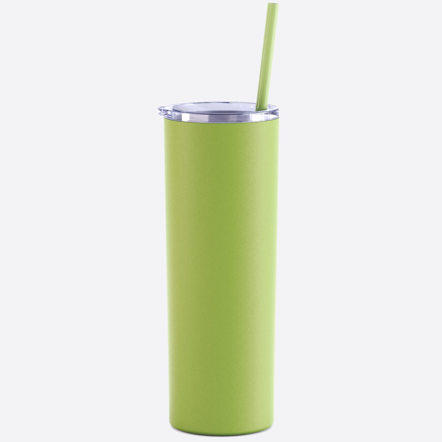 lime green skinny steel 20oz stainless tumbler with straw on white background 