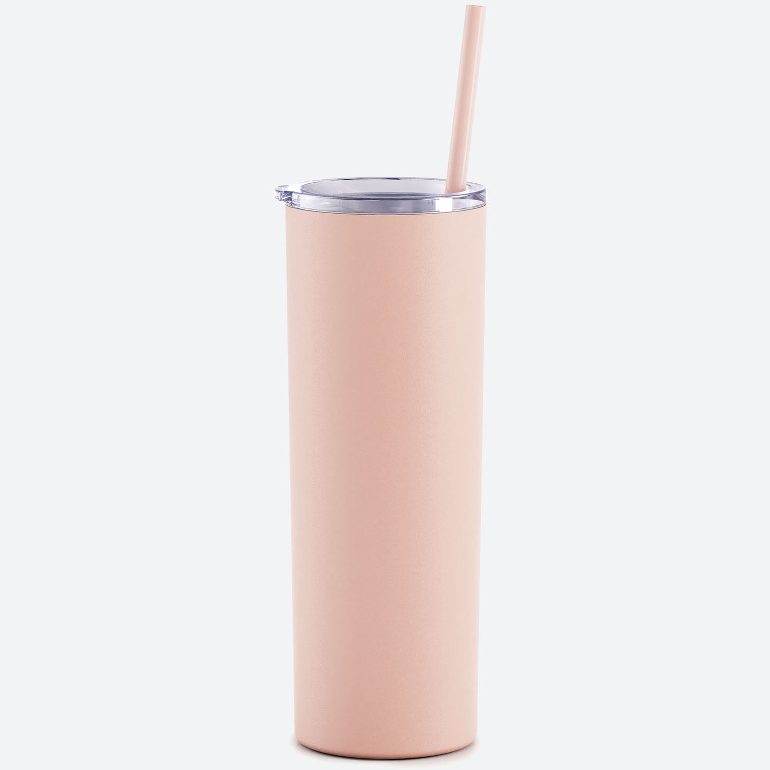 matte blush skinny steel 20oz stainless tumbler with straw on white background 