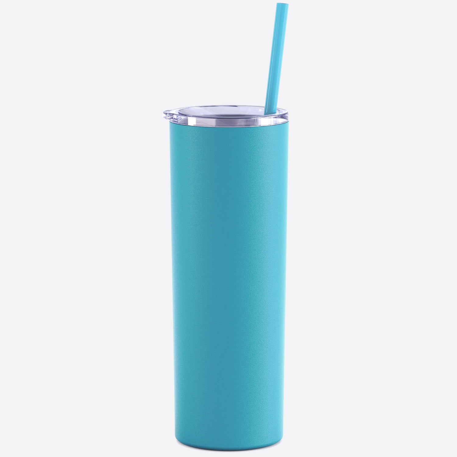 Caribbean cool blue skinny steel 20oz stainless tumbler with straw on white background 