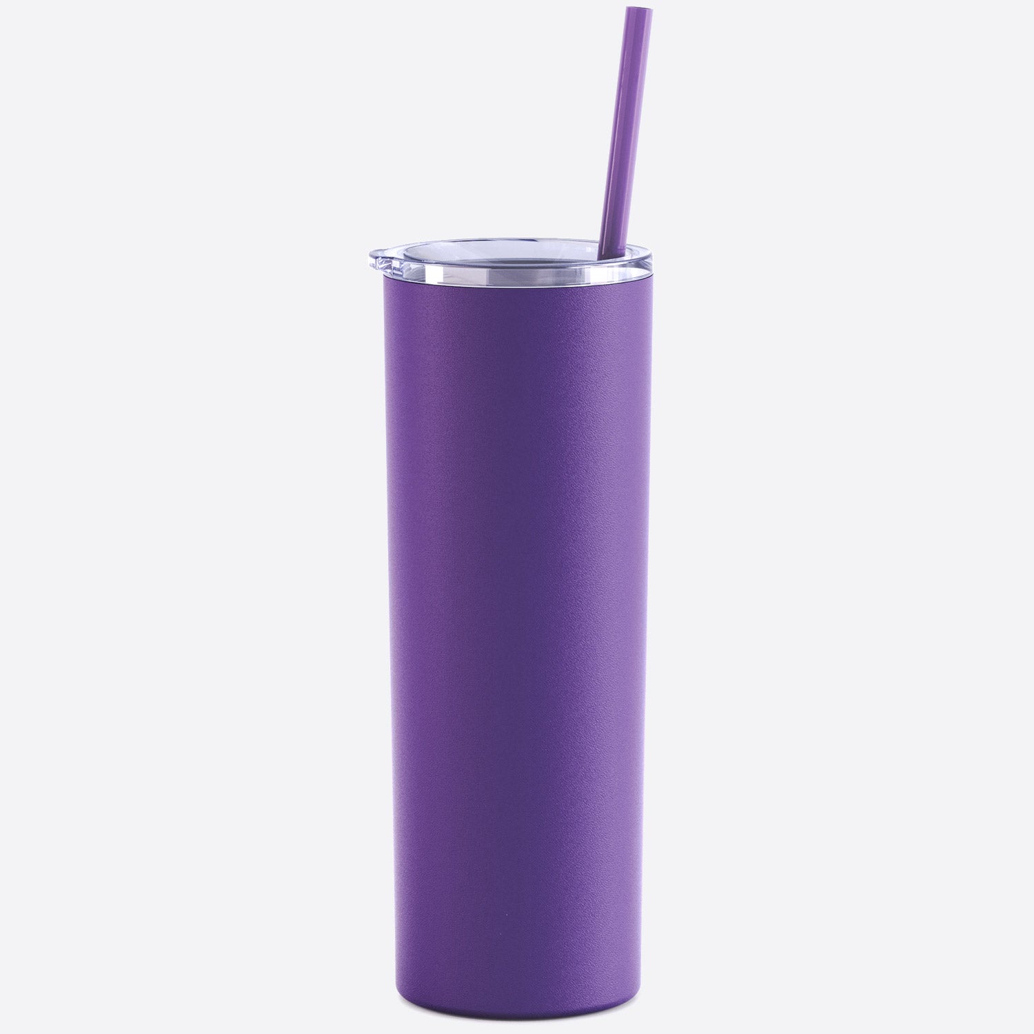 grape purple skinny steel 20oz stainless tumbler with straw on white background 