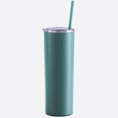 green pine skinny steel 20oz stainless tumbler with straw on white background 