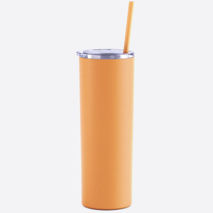 tangerine skinny steel 20oz stainless tumbler with straw on white background 