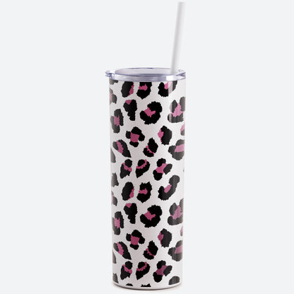 white leopard skinny steel 20oz stainless tumbler with straw on white background 