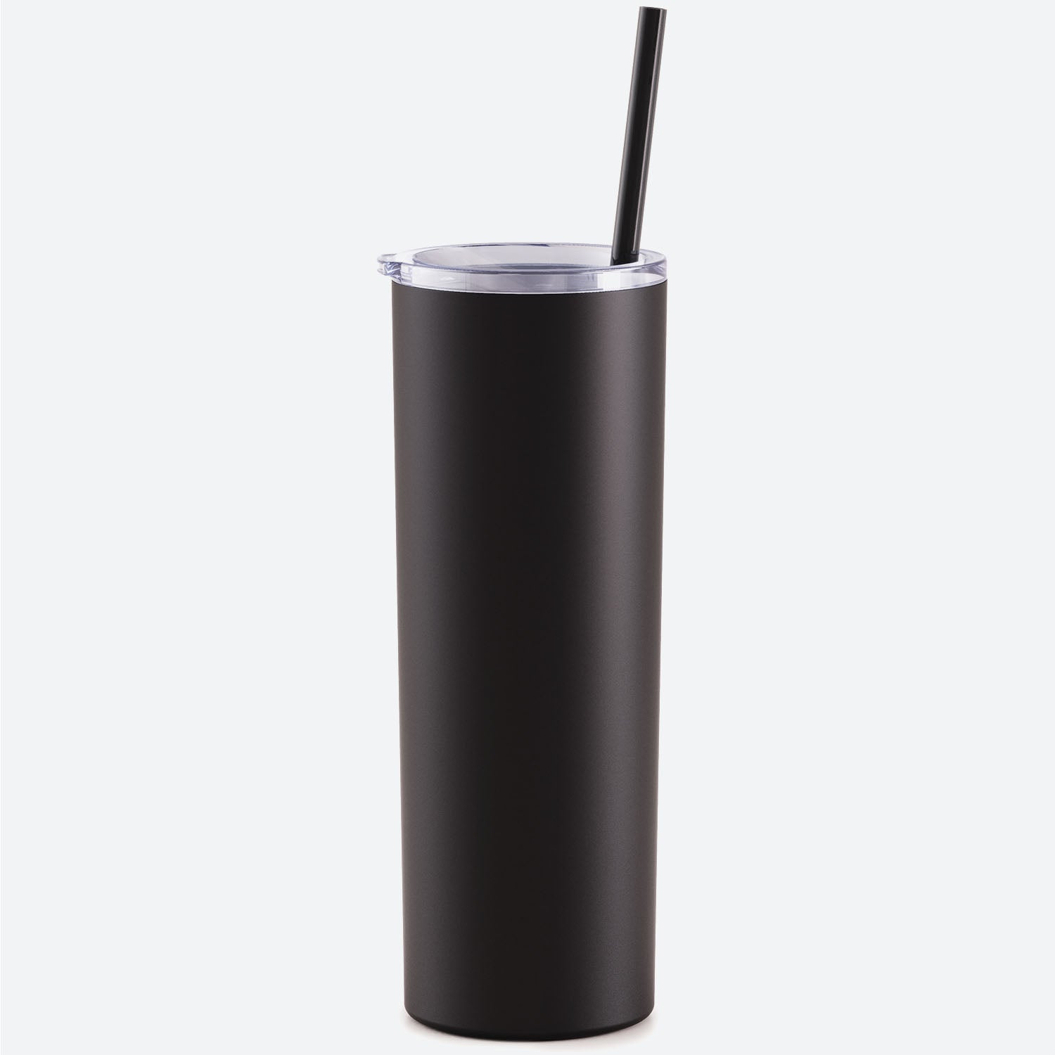 matte black skinny steel 20oz stainless tumbler with straw on white background 