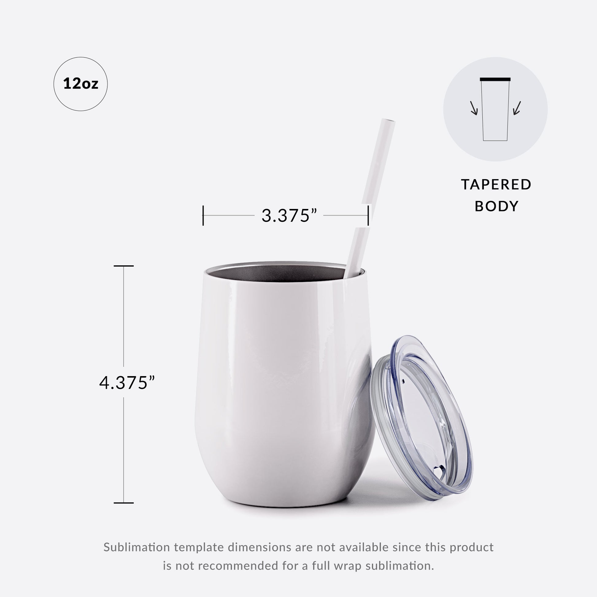 sublimation bev steel with straw on white background with measurements