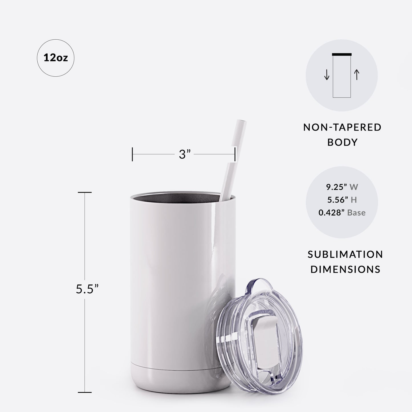 12oz sublimation tumbler with straw and measurements on white background