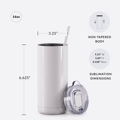 16oz sublimation maker on white background with measurements