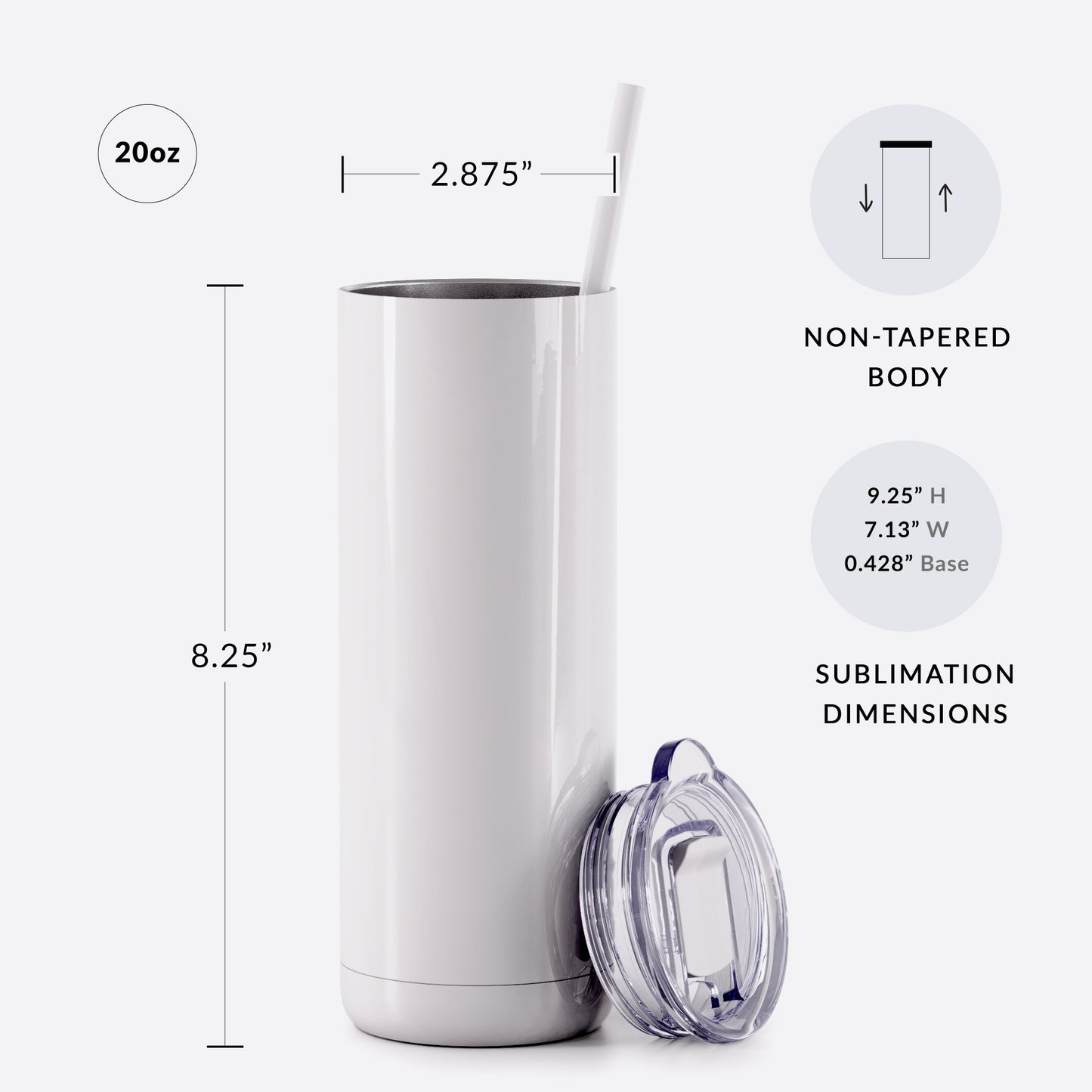 20 oz sublimation tumbler with measurements on white background slider lid 