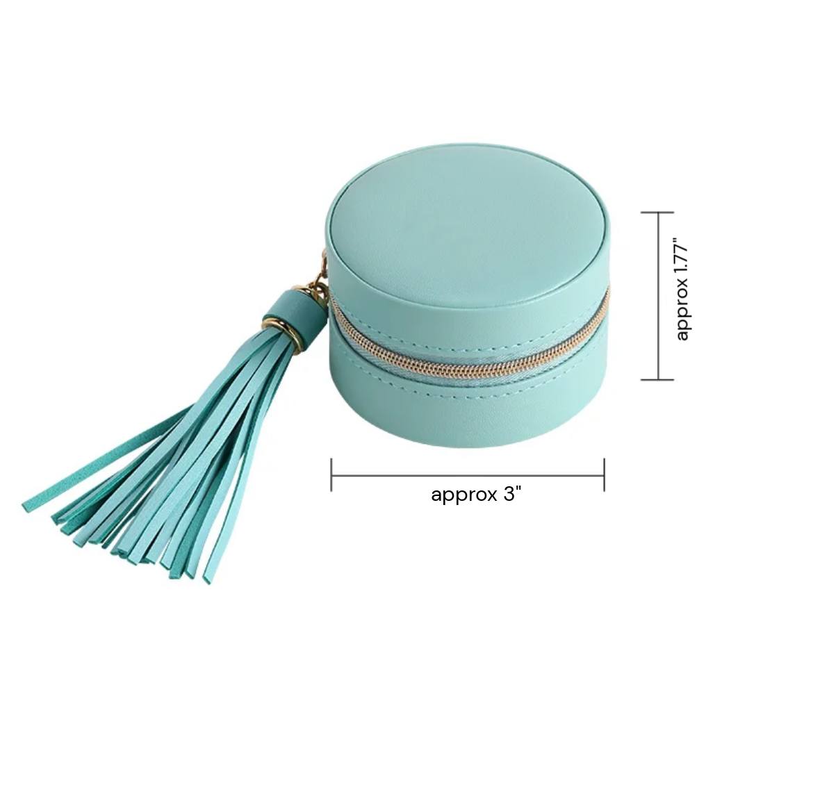 round seafoam jewellery case with gold zipper and hassle on white background with measurements 