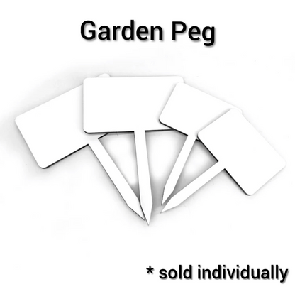 white sublimation garden pegs fanned out on white background