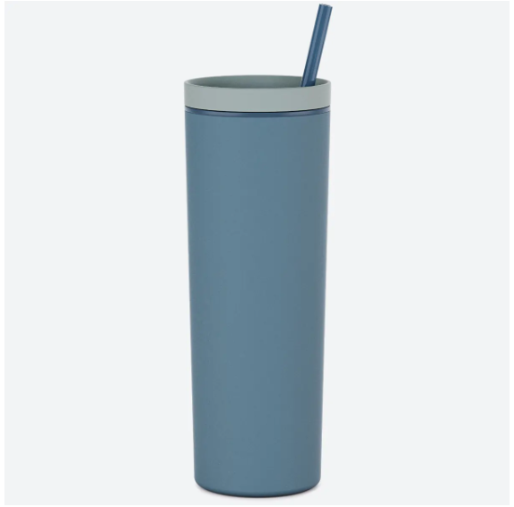 blue 18oz acrylic tumbler with straw and lid on white background 