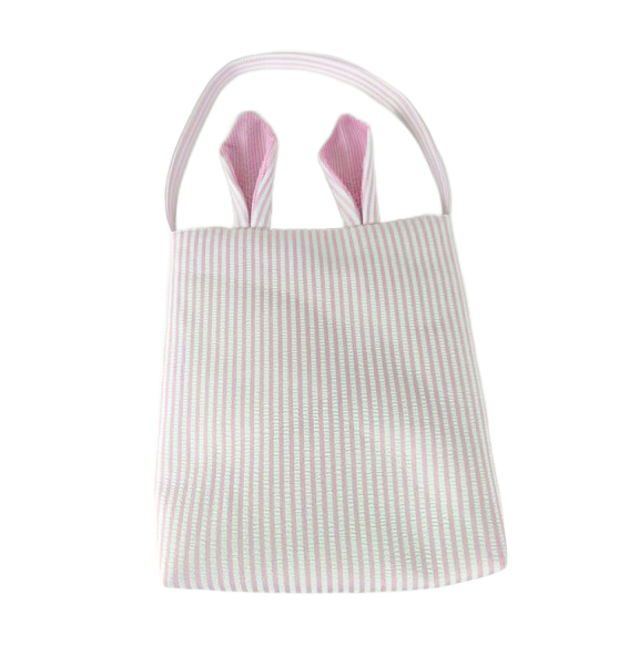 Pink stripe Easter bag with handle and pink ears on white background