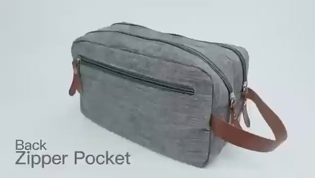 shaving bag video of what It can hold grey with tan stripes