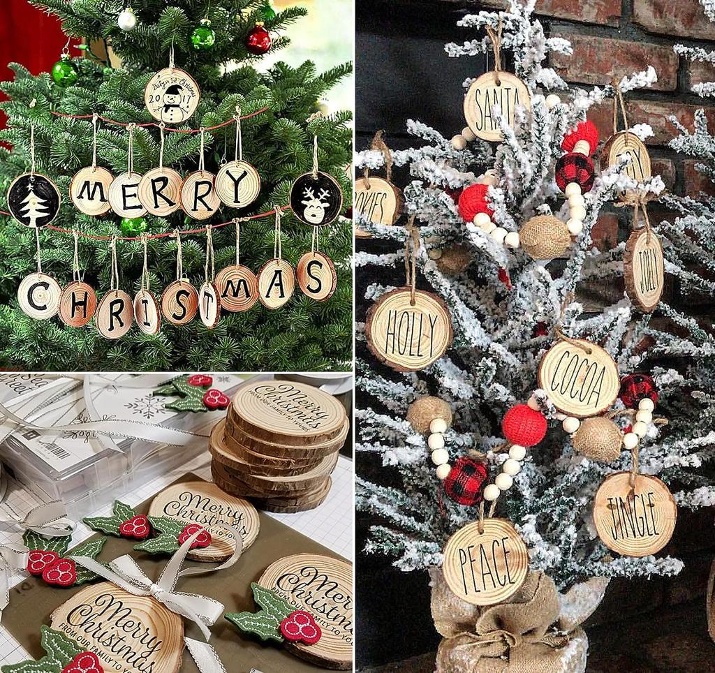 pine wood slice Christmas ornaments painted examples. ornaments on tree on placemats