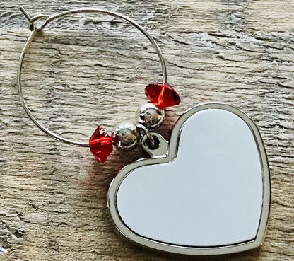 heart sublimation wine glass charm blank with silver ring and red beads